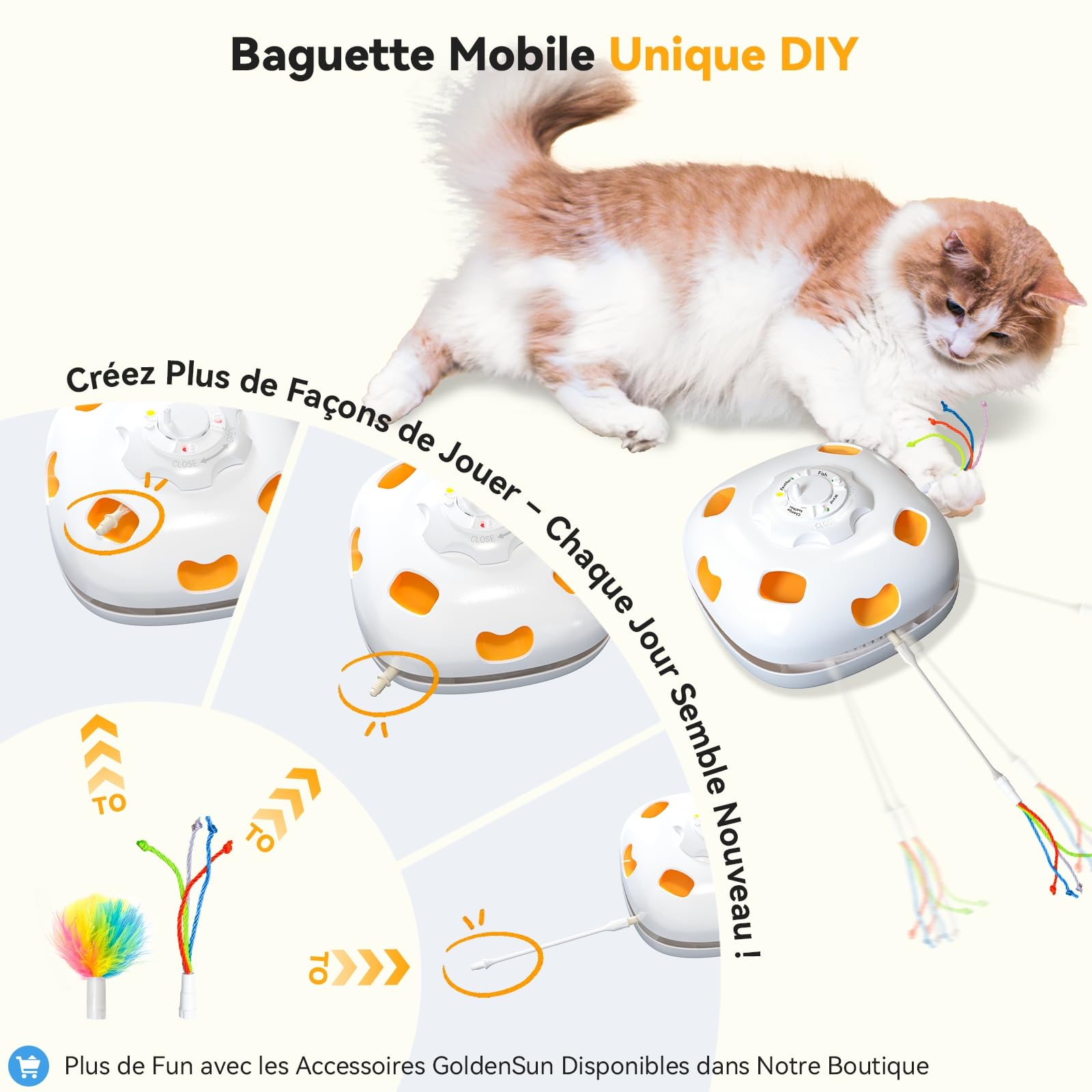 GoldenSun Jouet pour chat interactif 5 en 1 pour chats d'appartement, jeu de tapotement automatique, poisson volant, canne à pêche pour chat et plume mobile