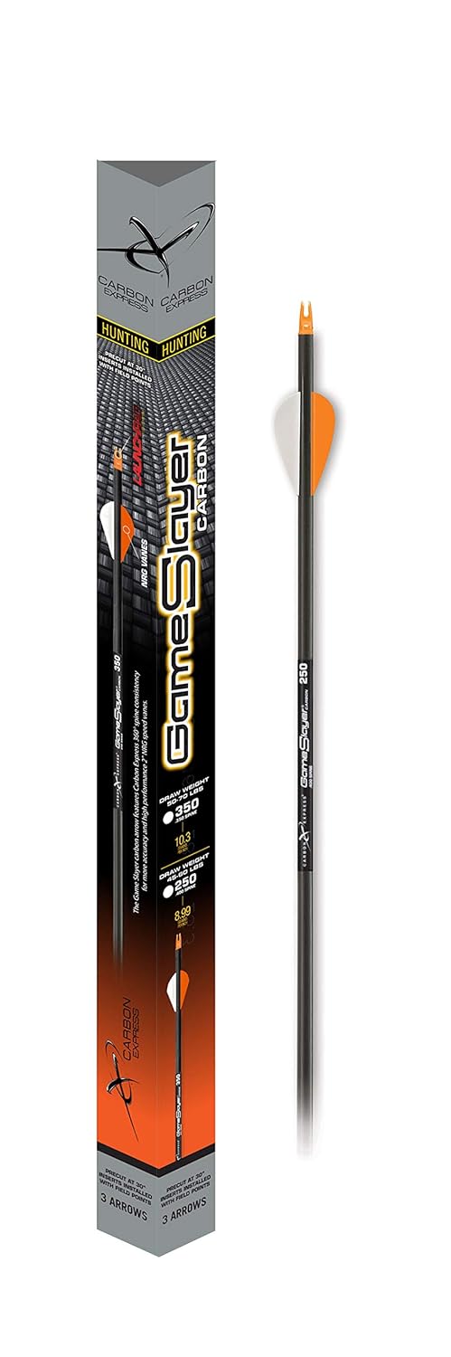 Carbon Express Gameslayer Fletched Carbon Arrows with 2" Nrg Speed Vane, 250 OR 350 Options, Pre-Cut at 30" with Inserts Installed, Black/Orange