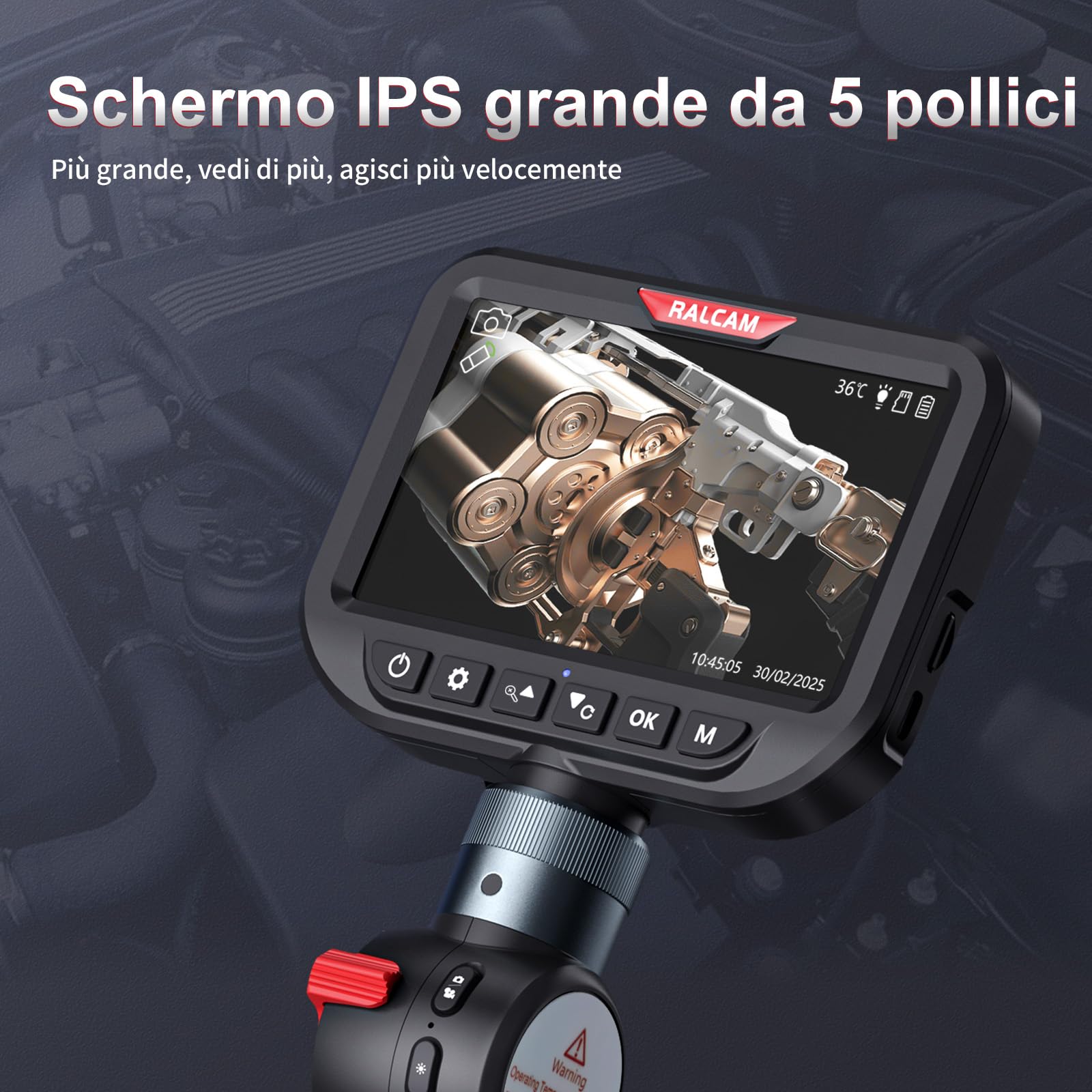 Ralcam Telecamera Endoscopica con Luce, Borescopio Doppio 6,5 mm con Testa Mobile 180°, Schermo HD IPS da 5", Telecamera di Ispezione Impermeabile IP67 con Cavo Semirigido da 1,5 m