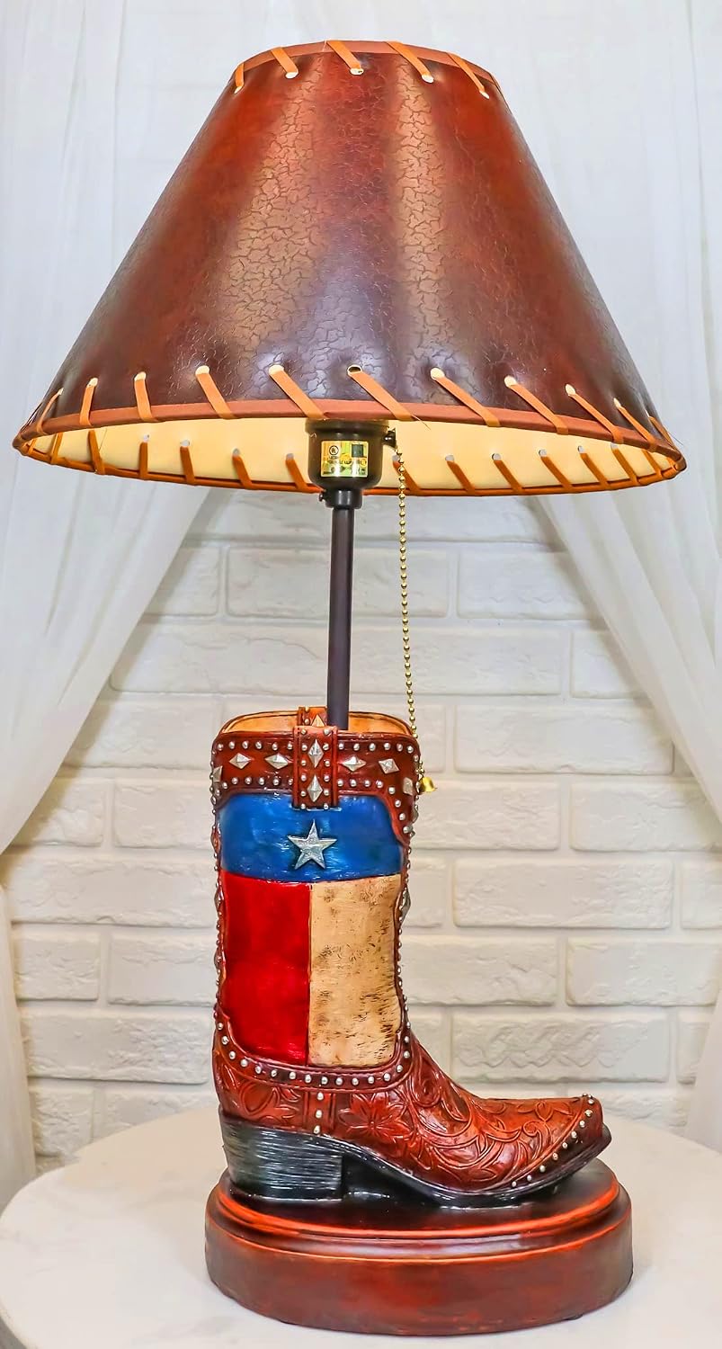 Ebros Gift Faux Tooled Floral Lace Leather Rustic Western Patriotic Texas State Flag Diamonds and Studs Cowboy Boot Hand Painted Desktop Table Lamp with Brown Shade Country Wild West