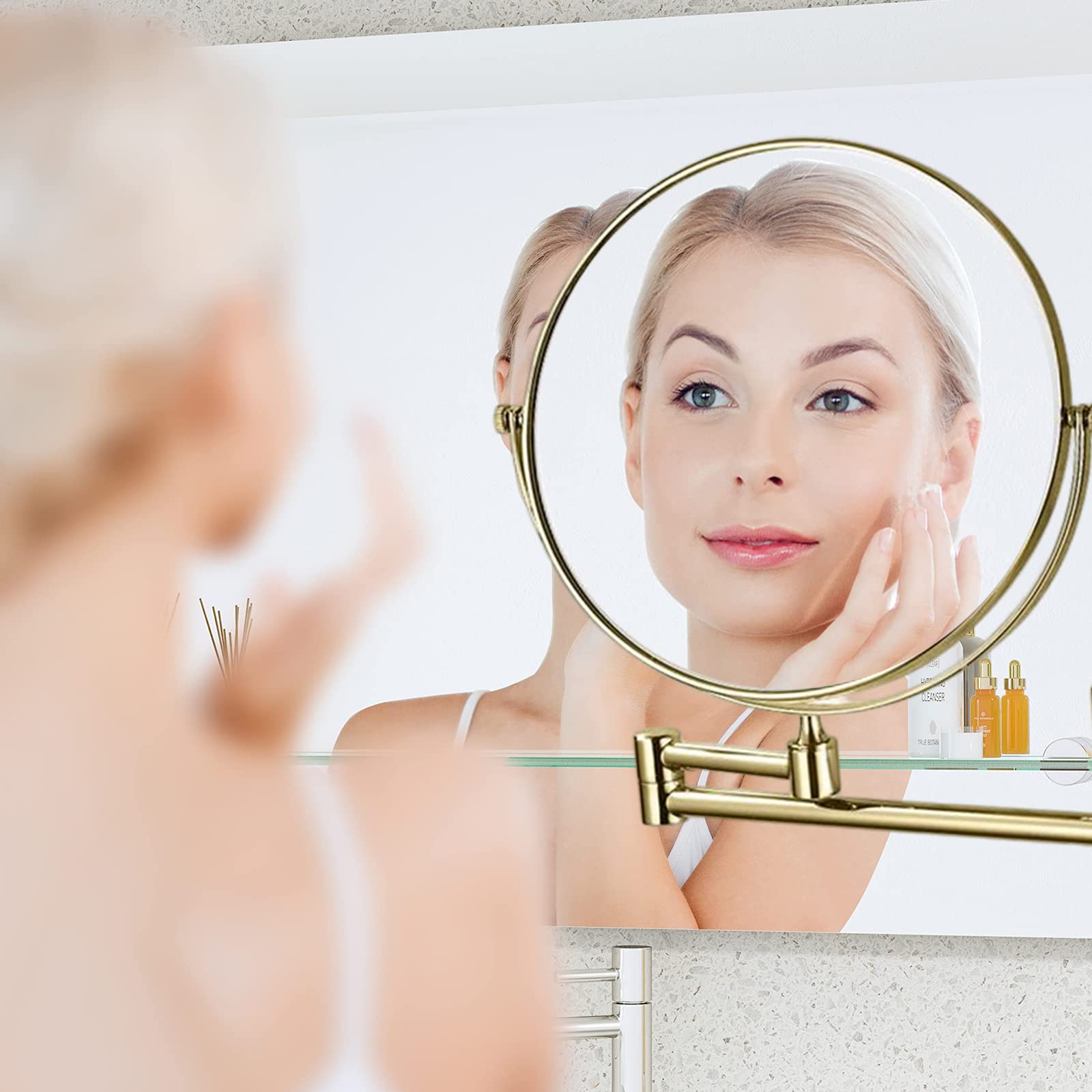 Specchio cosmetico con ingrandimento a 360°, orientabile su entrambi i lati, montaggio a parete ed estensibile, per bagno e toeletta