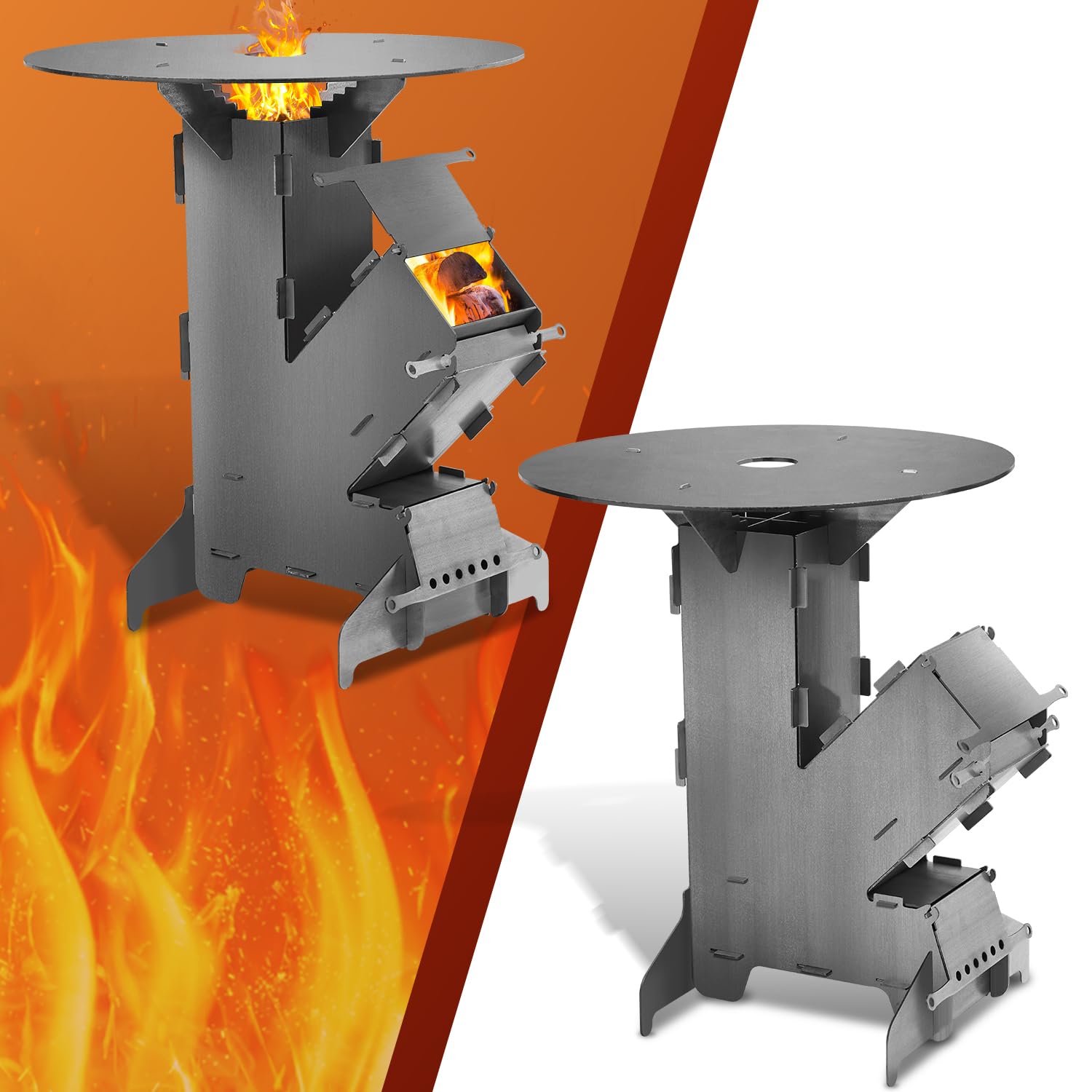Fiqops Piec rakietowy Rocket Stove z płytą grillową – przenośny piec kempingowy na drewno z hakiem do ognia i komorą na popiół | piec armatni do użytku na zewnątrz, do ogrodu, na kemping, survival i