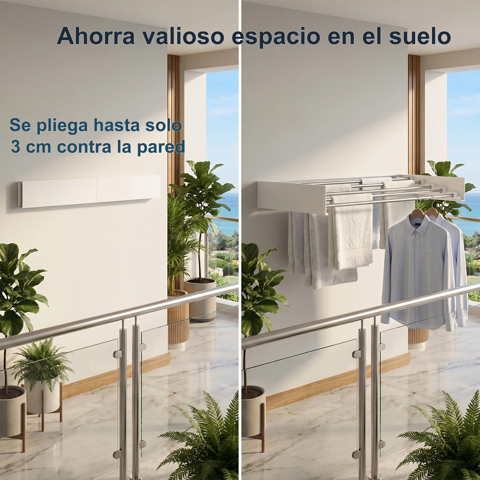 FUSHITON Tendedero de Pared Plegable 5 Barras, Soporte de Toallas Plegable de Aluminio + Acero al Carbono Recubierto de Polvo, Ahorro de Espacio para Baño y Balcón, MAX 10 kg, Blanco