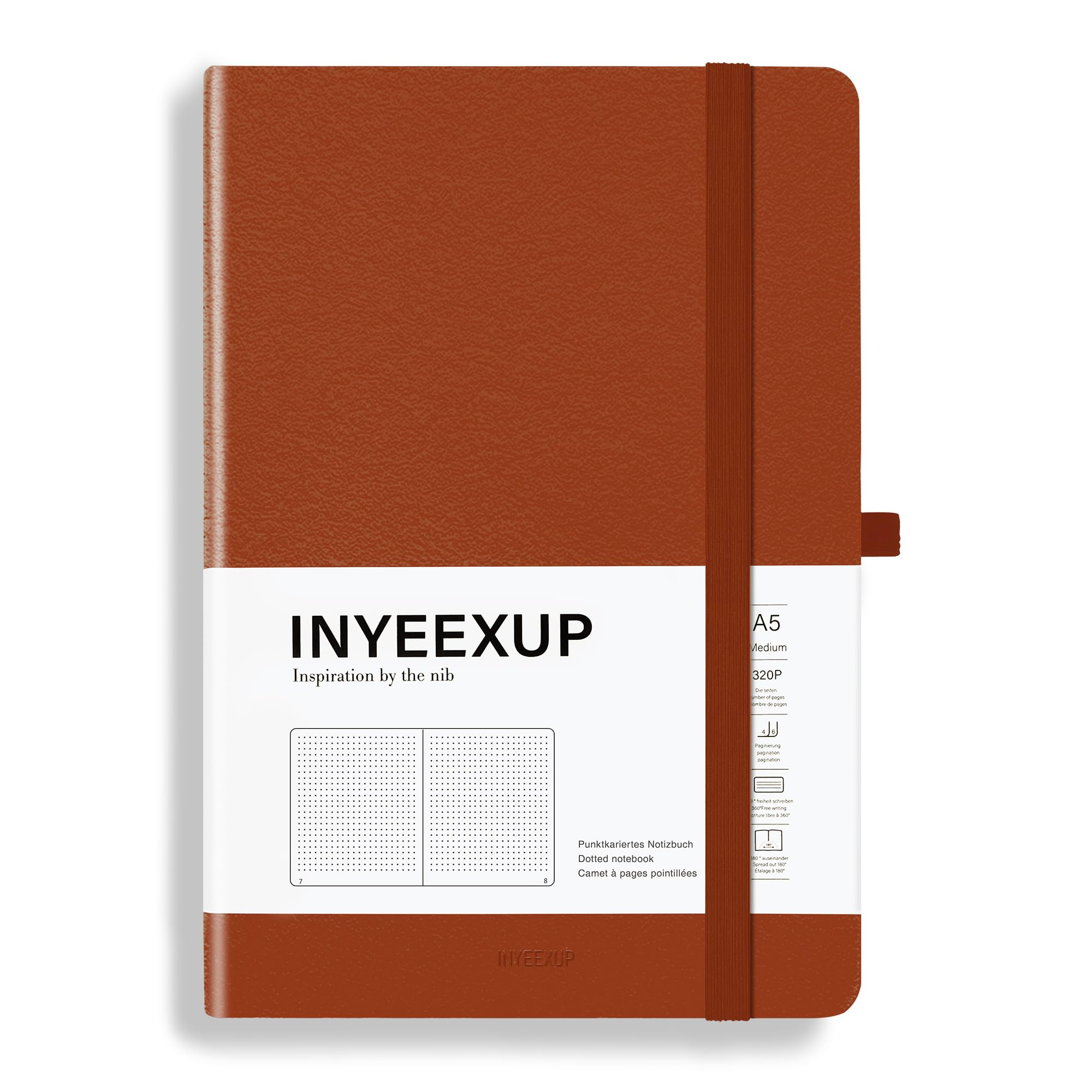 INYEEXUPNotebook A5 Squared, Journal Book with 320 Pages, A5 Notebook with Premium 100gsm Ink-proof Papie Thick, PU Hard Cover Notebooks with Elastic Closure Band and Folding Pocket (Brown)