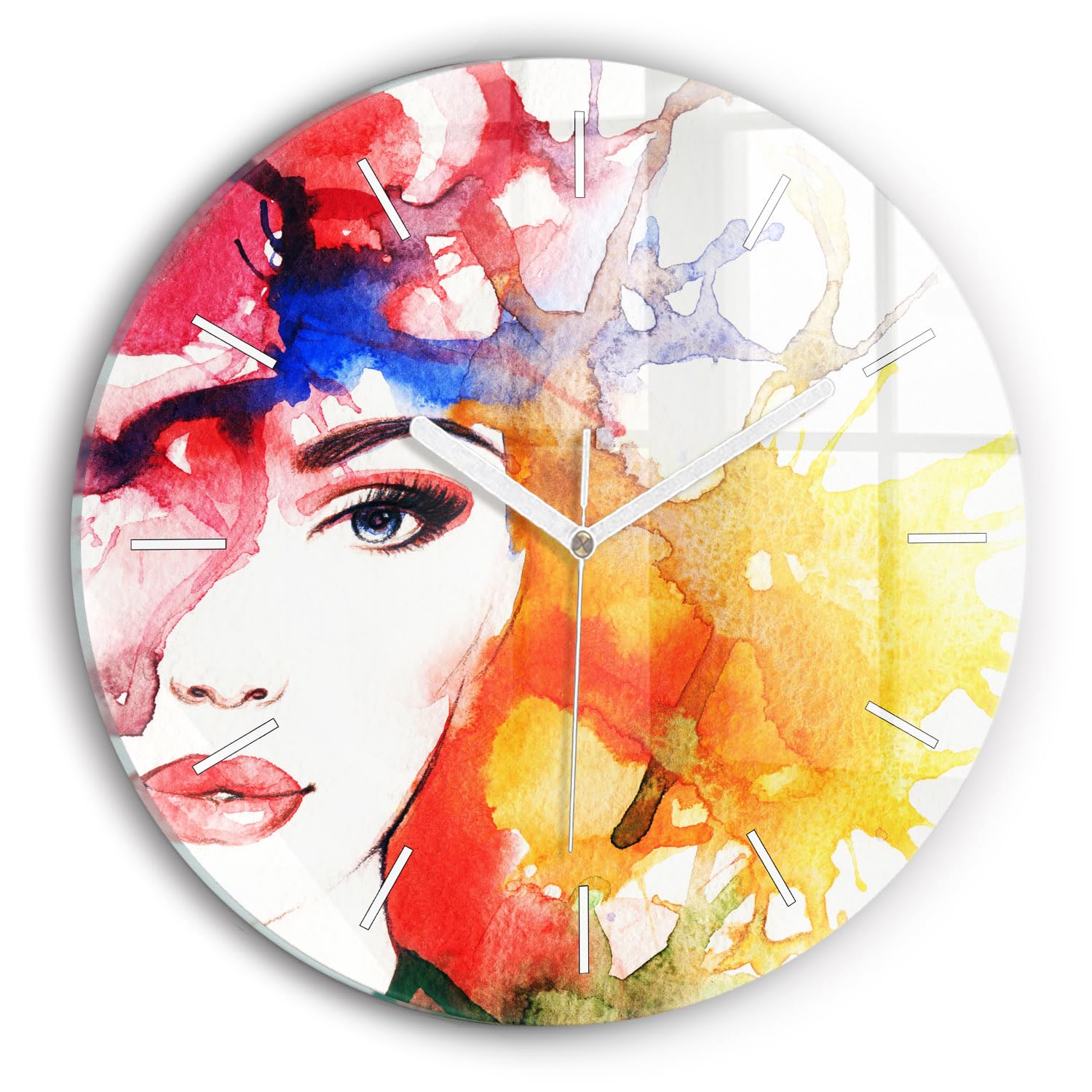 Horloge silencieuse en verre Wallfluent 30 cm avec portrait moderne de femme