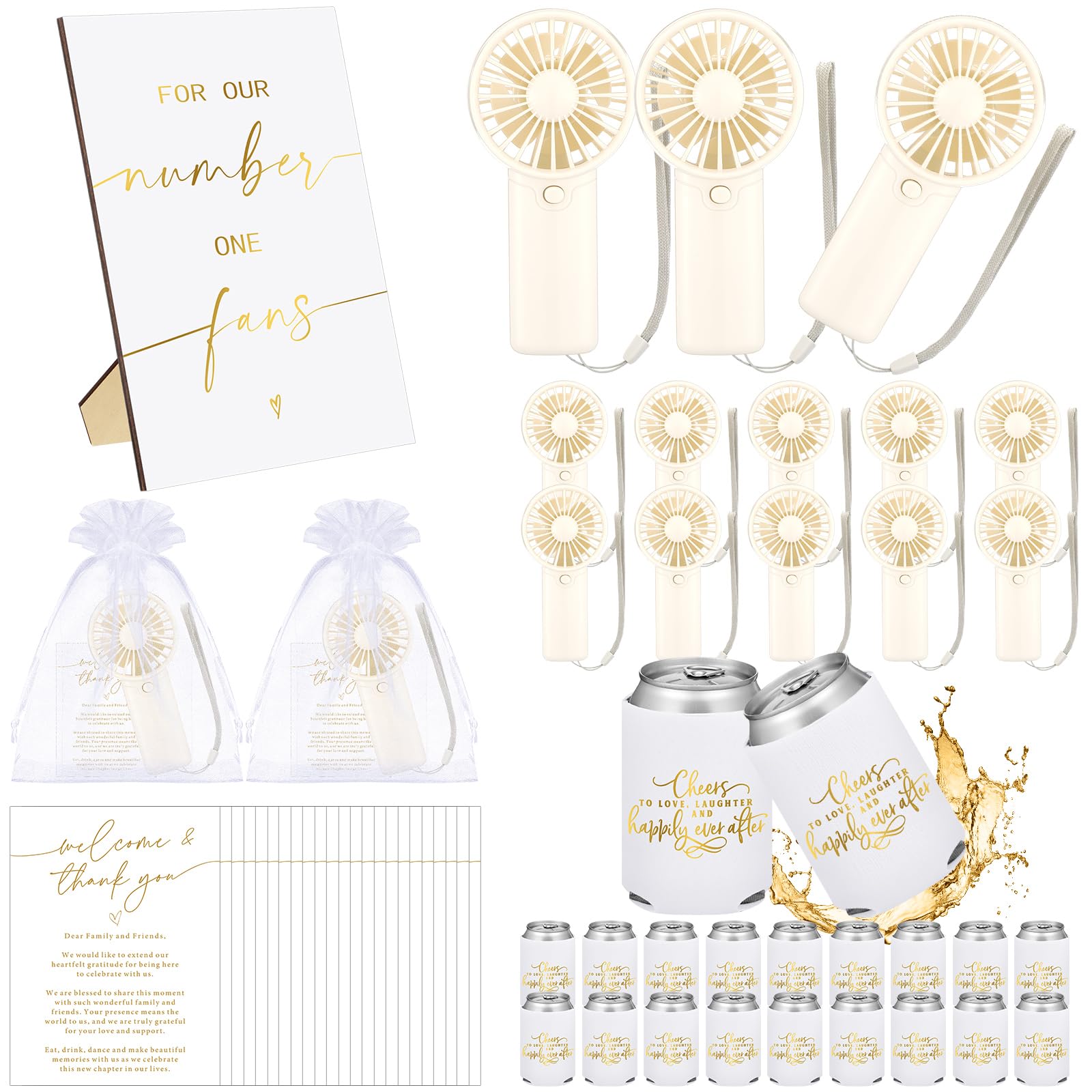 Hortsun Mini-Handventilator-Set für Hochzeit, Großpackung für Gäste, tragbar, persönlich, kleine Fächer, Dosenkühlerhüllen mit 1 Holz-Tischschild für Sommer, Verlobung, Brautparty, Gastgeschenke