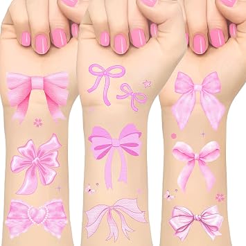 Coquette 144PCS Pink Bows Temporary Tattoos & Stickers - Birthday Decor & Party Favors for Bachelorette & Wedding