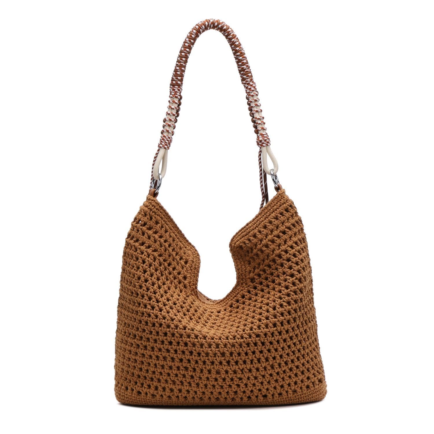 Damen Tasche Hobo-Bag Häkeltasche Umhängetasche Boho Shopper Strand Häkelmuster Schultertasche Geflecht Retro Strohtasche