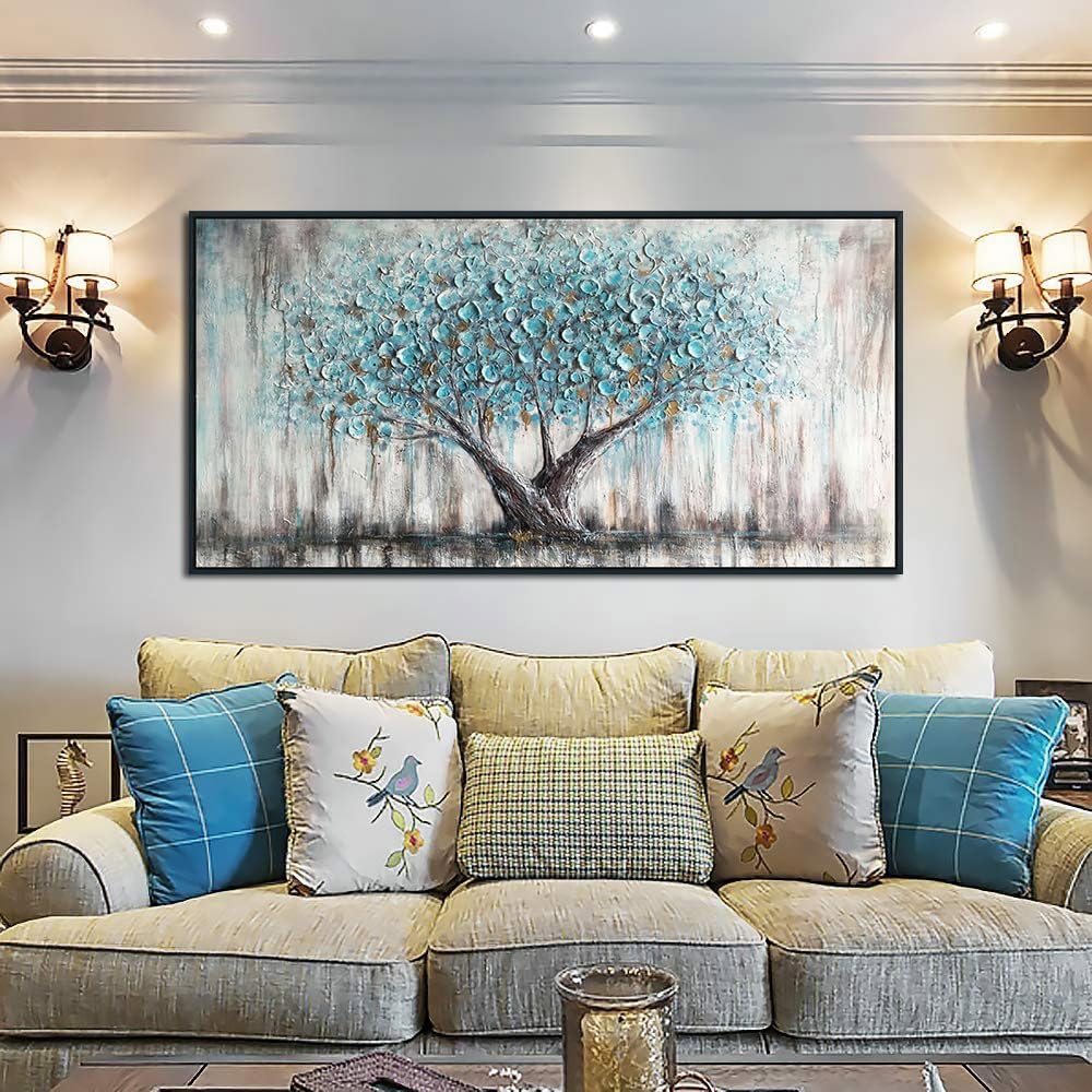 Arjun Flower Canvas Wall Art White Elegant Modern Teal Picture Gold Foil Painting Textured Turquoise Floral Artwork for Living Room Bedroom Home Office Wall Decor Black Wood Framed Extra Large 58x29