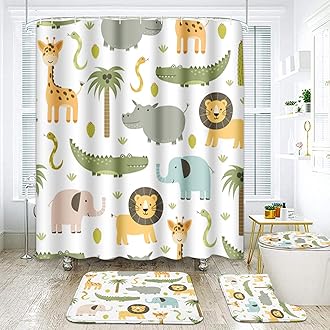 ArtSocket Cute Hippo Crocodile Bathroom Set with Shower Curtain and Rugs Accessories Lion Elephant Giraffe Shower Curtain Set Childish Colorful Bathroom Decor 4 Pcs