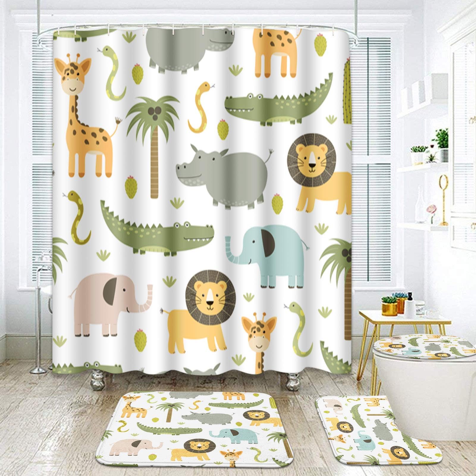 ArtSocket Cute Hippo Crocodile Bathroom Set with Shower Curtain and Rugs Accessories Lion Elephant Giraffe Shower Curtain Set Childish Colorful Bathroom Decor 4 Pcs