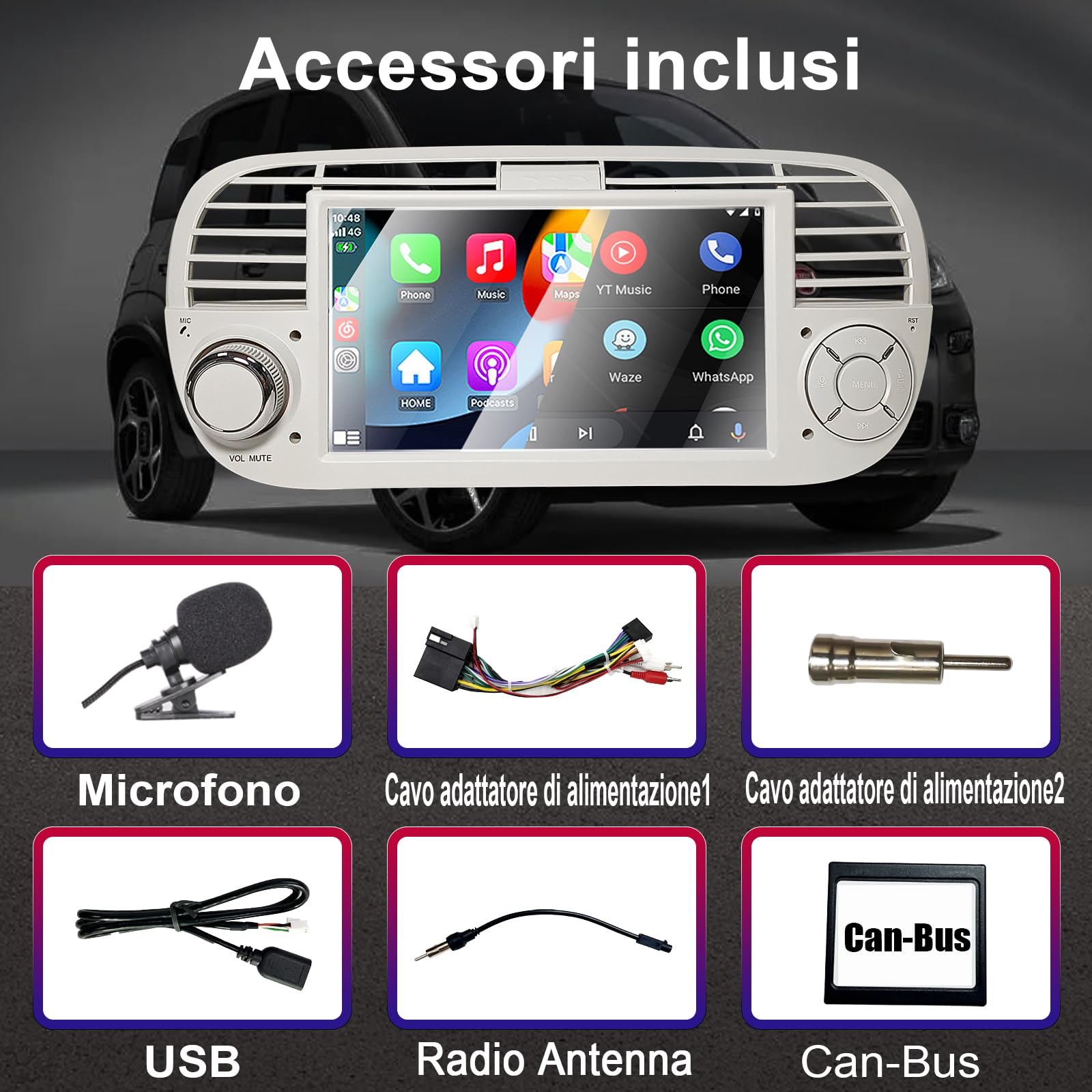 Liulbobu Autoradio per Fiat 500 2007-2015 compatibile con Carplay/Android Auto, Autoradio Fiat 500 da 7 pollici con touchscreen/Bluetooth/FM/AM/USB/DPS/RDS/Mirror Link-Bianco