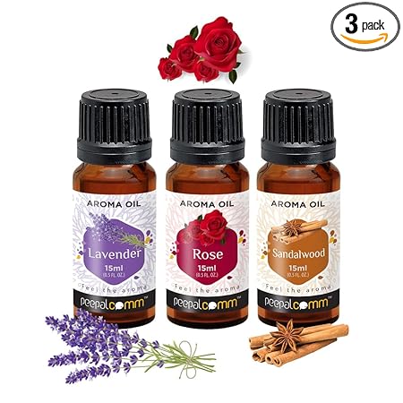 PeepalComm High Scented Fragrance Aroma Oils Lavender, Sandalwood, Rose Aroma Oils Set Of 3 15 Ml Each For Home office hotel Spa Etc