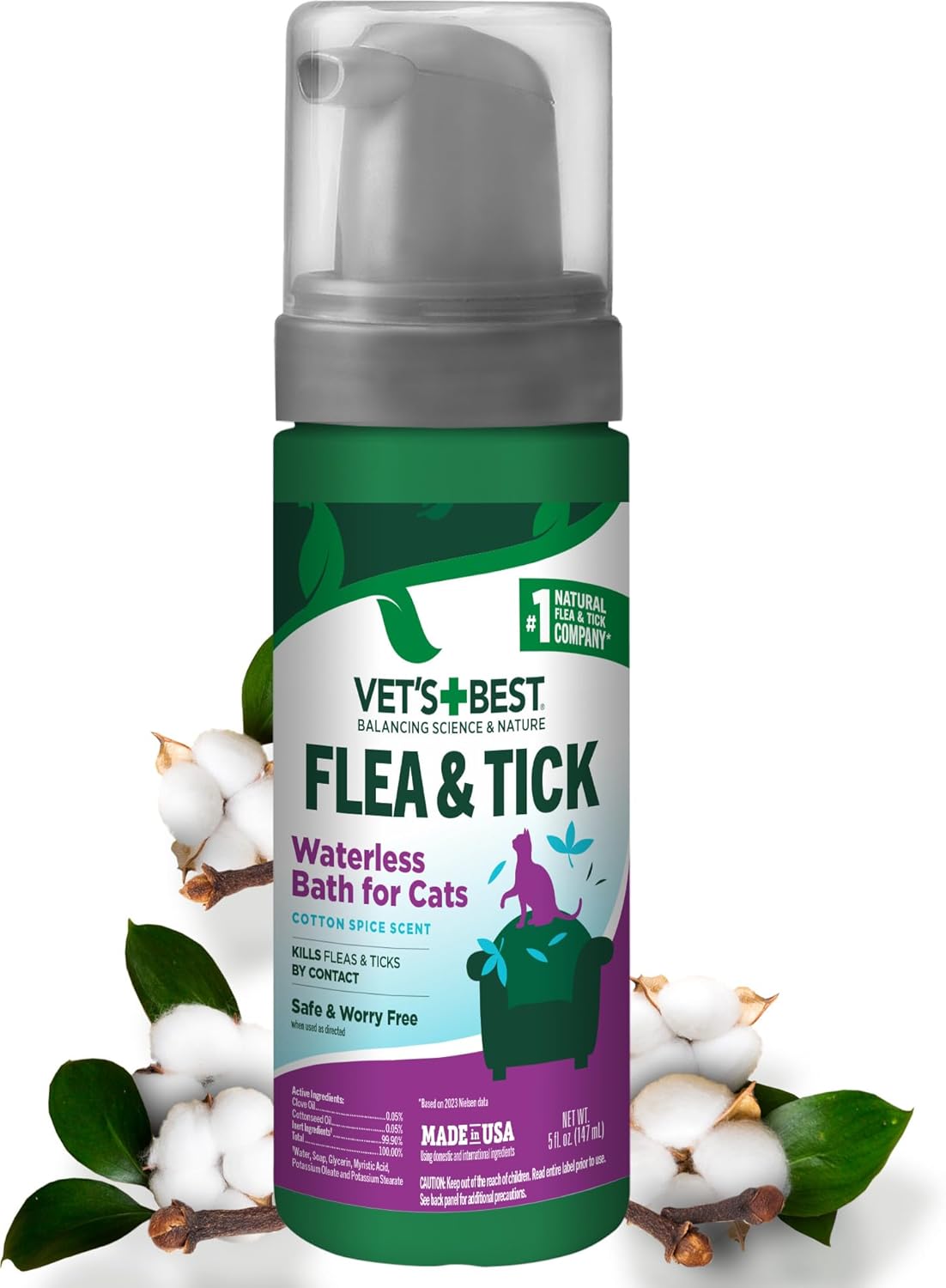 Vet’s Best Natural Waterless Flea & Tick Bath for Cats – Natural No-Rinse Dry Shampoo with Plant-Based Ingredients – Flea and Tick Prevention and Control with Certified Essential Oils – 5 oz Bottle