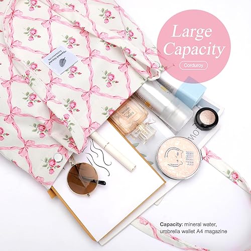 Vista 59 de Tote - Bolsa de hombro reutilizable de pana de gran capacidad con bolsillos interiores para mujeres y niñas Rayas