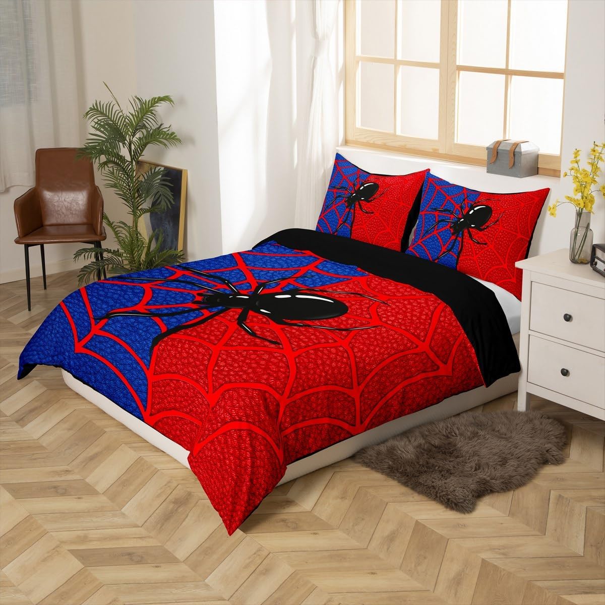 Red Spider Web Kids Duvet Cover Set Full Size,Black Spider Arachnid Insect Animal Bedding Set,Boys Girls Women Men Room Decor,Halloween Gothic Trippy Noble Quilt Cover,2 Pillowcases(No Comforter)