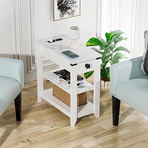 Miniatura 6 de Mesa auxiliar estrecha con estación de carga, mesa auxiliar con puertos USB y tomas, mesita de noche para espacios pequeños, mesa auxiliar delgada