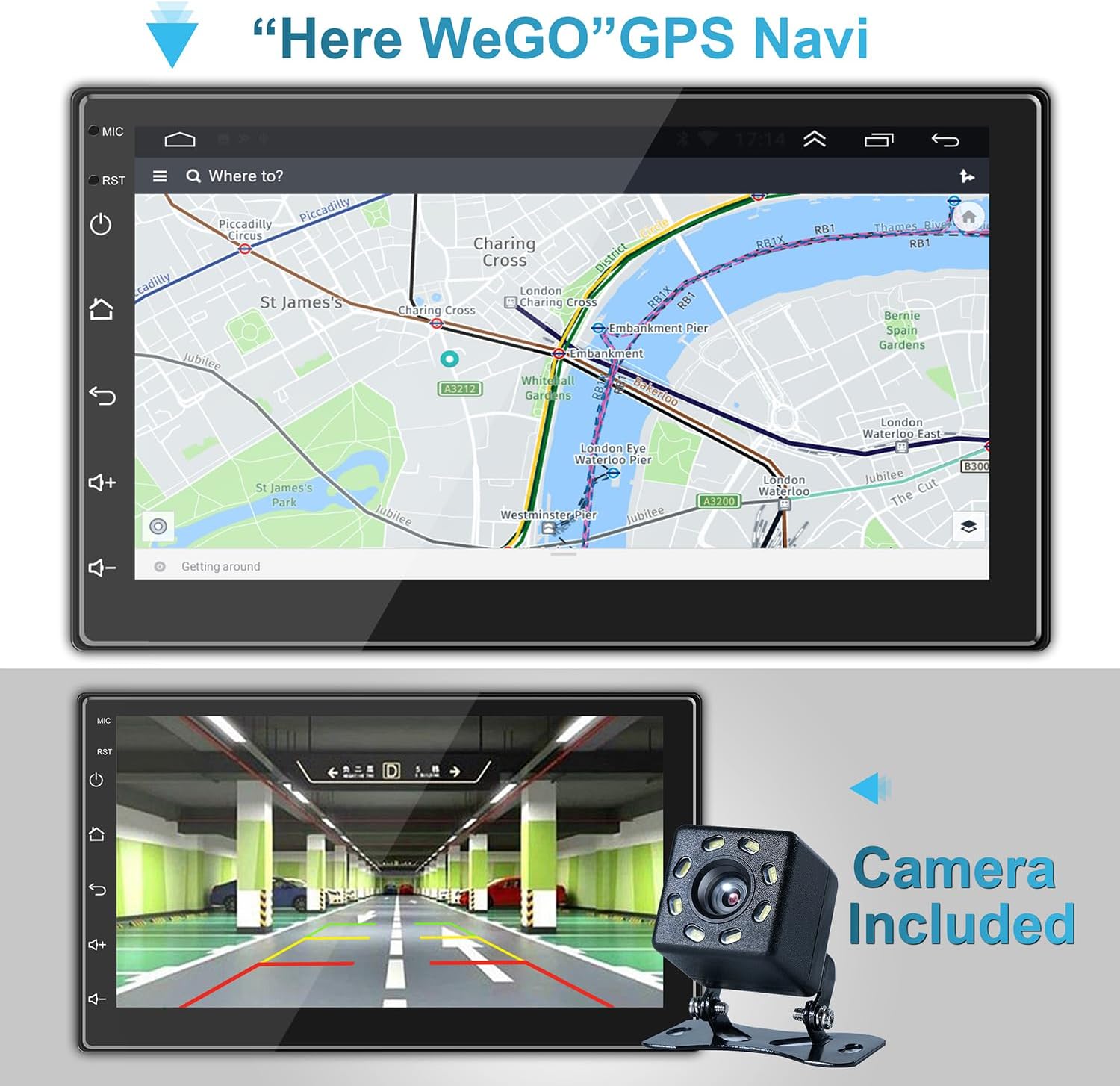 The car stereo display showing the 'Here WeGO' GPS navigation map (top) and a rear view camera feed (bottom).