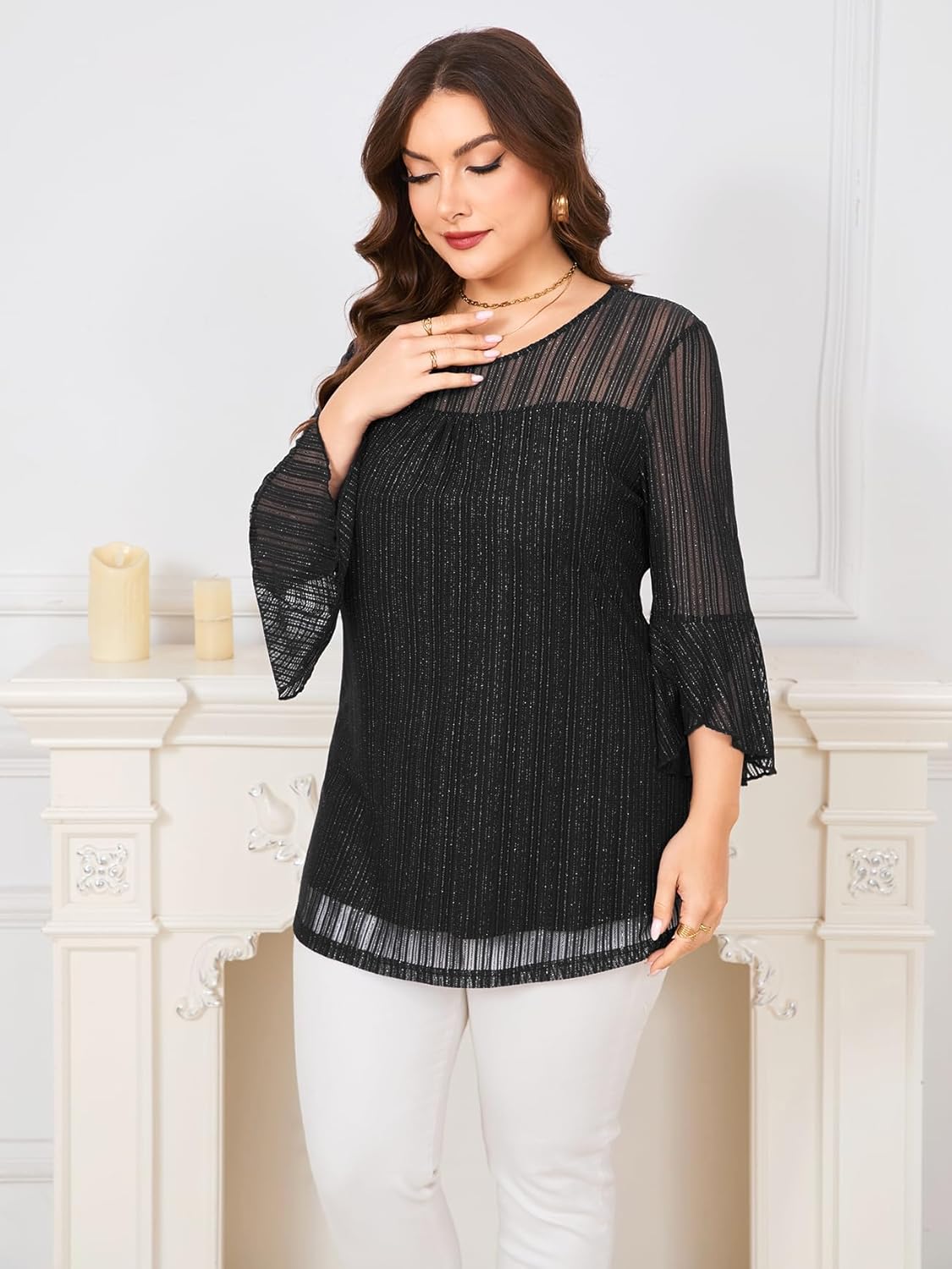 ZOMVA Women's Plus Size Ruffle 3/4 Sleeve Blouses Casual Elegant Dressy Crew Neck Double Layers Sparkly Mesh Tunic Tops - Image 3