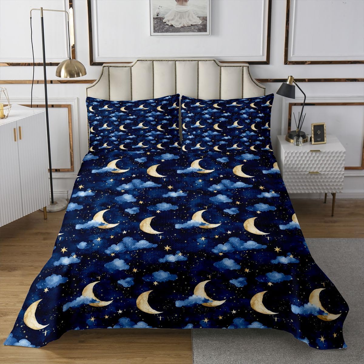 Manfei Moon Bedspread,Starry Sky Quilt Set for Kids Teens,Boho Hippie Style Bedding Set,Blue Black 2 Pcs Coverlet Set with 1 Pillow Sham,Twin Size