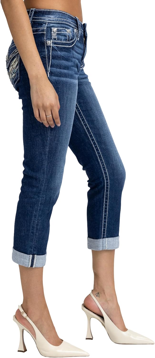 Miss Me Women's Flying Wings Embellished Faux Flap Pockets Mid-Rise Capri Jeans