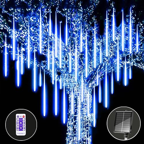 Roytong Luces solares de lluvia de meteoritos con control remoto y temporizador, 12 pulgadas, 10 tubos, 240 luces LED, luces de Navidad para