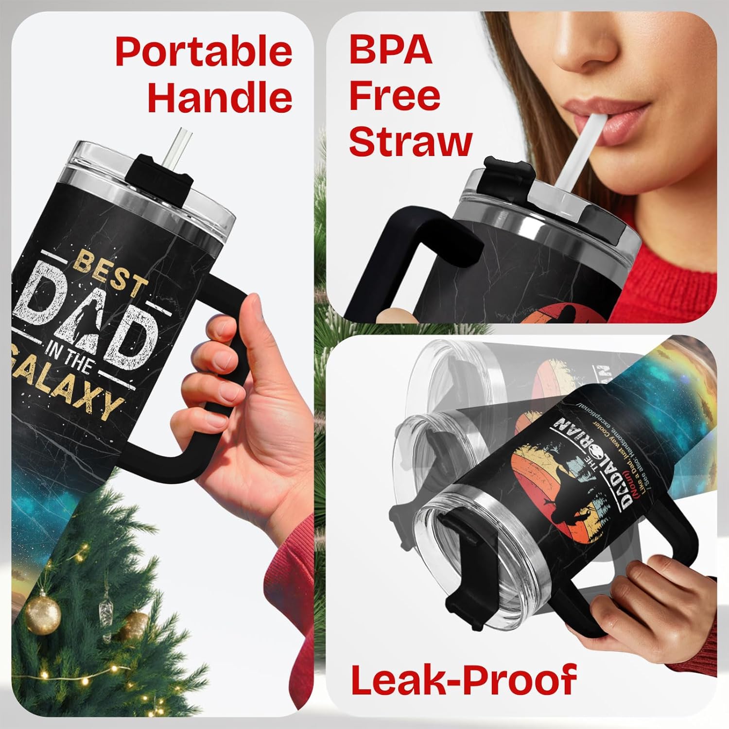 34HD Dadalorian Daddy Tumbler 40oz with Handle Lid and Straw, Funny Best Dad in the Galaxy Gift, Retro Sunset Outer Space Design, Insulated Stainless Steel Cup for Men, Father’s Day Birthday Present - Image 6