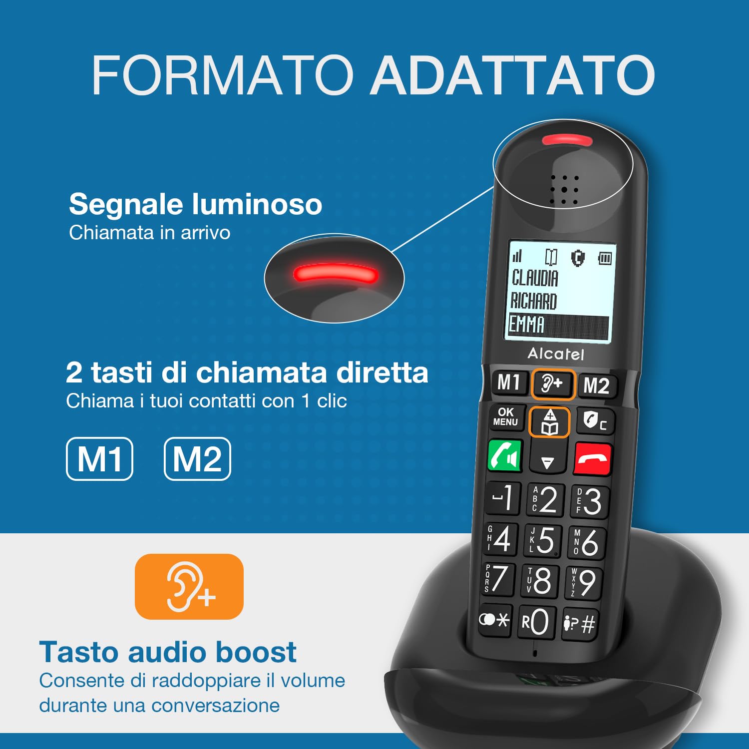 ALCATEL XL685 - Telefono fisso cordless DECT Senior Formato XL - Display grafico ad alta leggibilità - Tasti grandi - Boost Audio - Vivavoce - Blocco chiamate - Nero