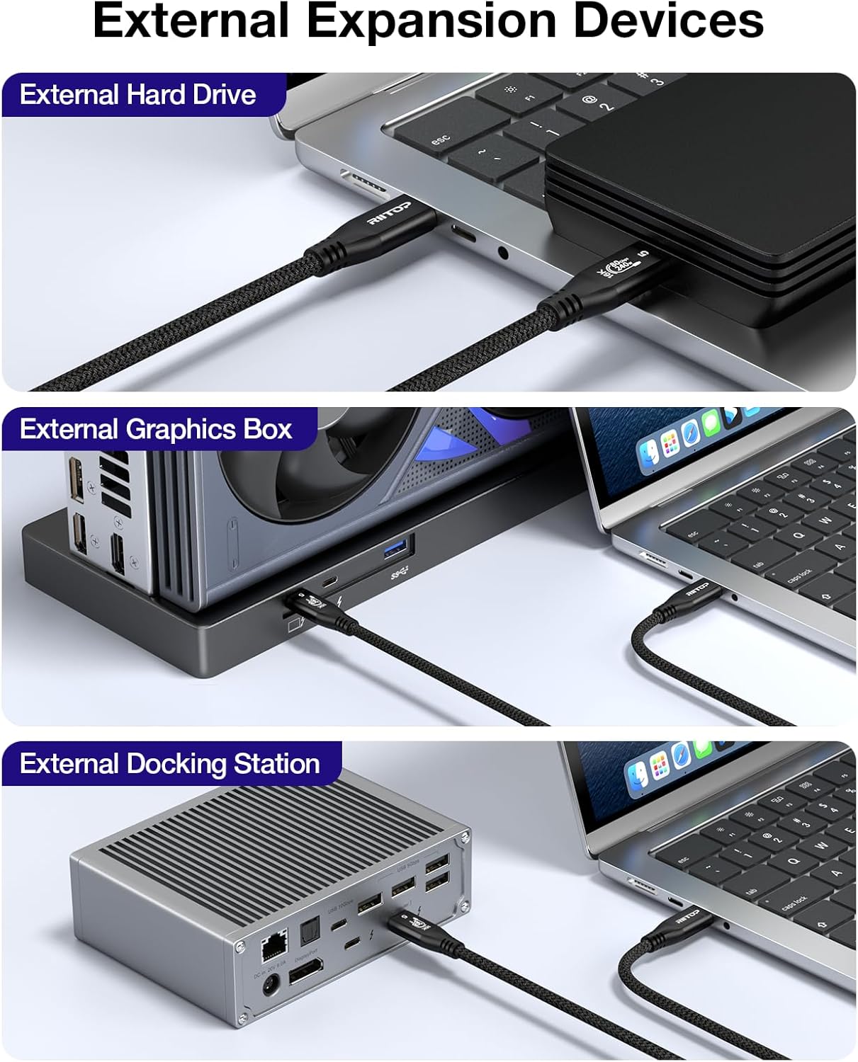 RIITOP 80Gbps USB C for Thunderbolt 5 Cable [3.3FT], Short USB-C to C Monitor Cord up to 8K@60Hz Video 240W PD Lightning-Fast Charging Compatible with Thunderbolt 4/3/USB4 V2 for Docking eGPU