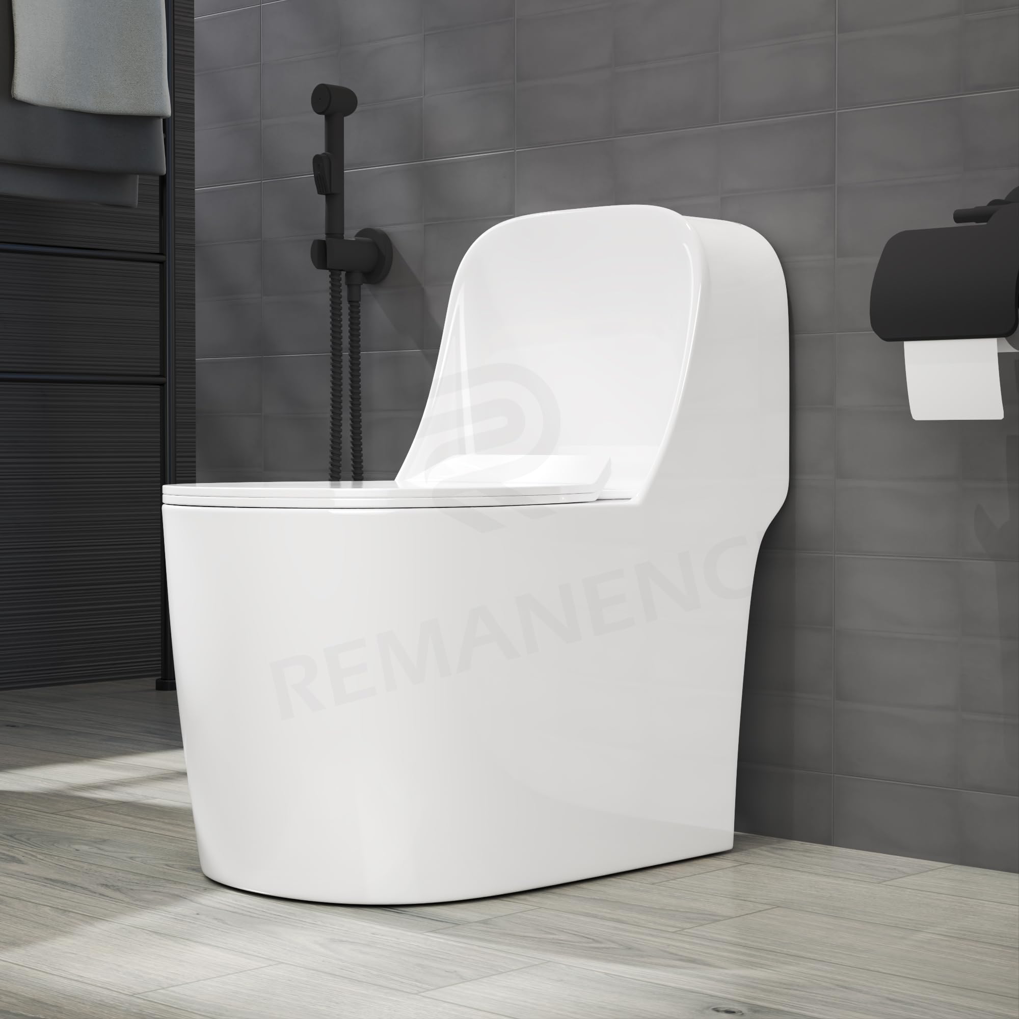 REMANENCE Premium One-Piece Floor Mounted Western Toilet with Soft Close Seat Cover | Glossy Ceramic Commode with S Trap Outlet | Modern Bathroom Fitting (White)-image-46