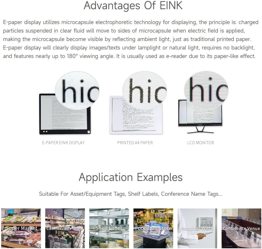 Comparison of E-Paper E-Ink display, printed A4 paper, and LCD monitor, showing the paper-like readability of E-Ink. Also includes application examples like shelf labels, industrial instruments, and asset tags.