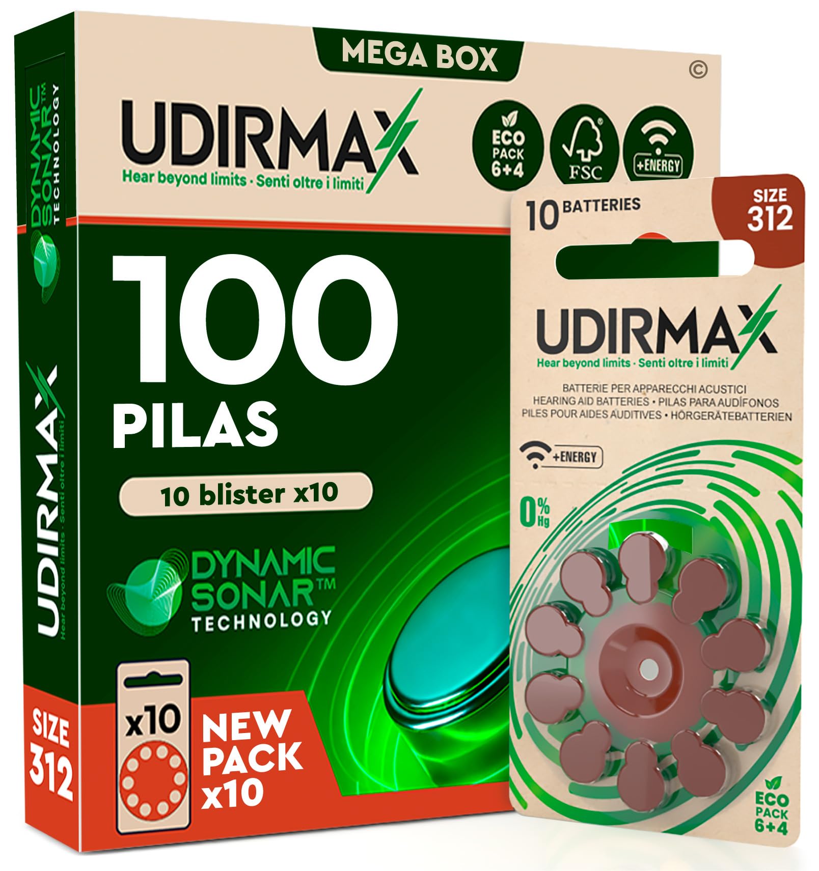 100 Pilas PR41 para Audífonos Tamaño 312 Marrones Udirmax Batteries Zinc Aire 1.45V Sin Mercurio con Tecnología Dynamic Sonar Paquete Eco 10 Blísters de 10 Pila
