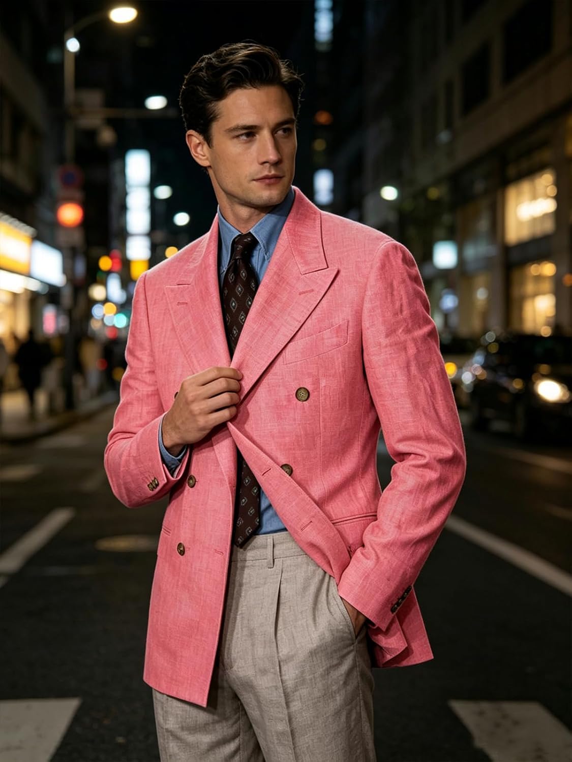 Men's Linen Blend Suit Jacket Double Breasted Classic Business Blazer Lightweight Breathable Summer Office Work