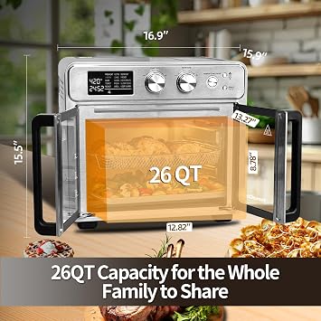 TomaChef 26QT French Door Air Fryer Toaster Oven Combo, 15 Cooking Functions including Rotisserie, and Digital Controls, 30 Recipes & 5 Accessories, Stainless Steel Finish