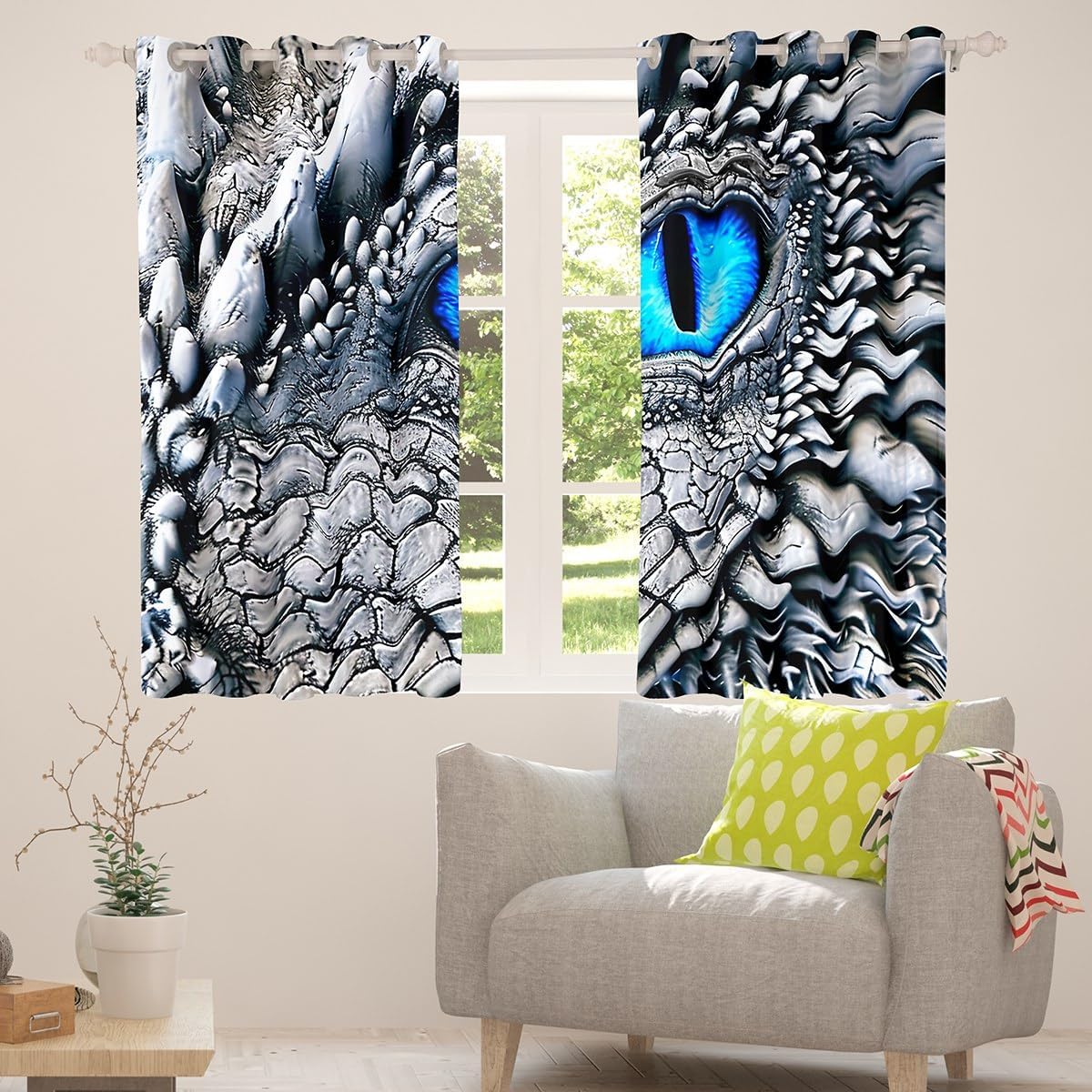 Erosebridal 3D Dragon Eye Curtains 2 Panels 52" Wx63 L,Antique Dragon Blackout Curtains Gothic Curtains & Drapes,Mythical Animal Curtains Artistic Fantasy Room Decor Aesthetic,Blue White image 5
