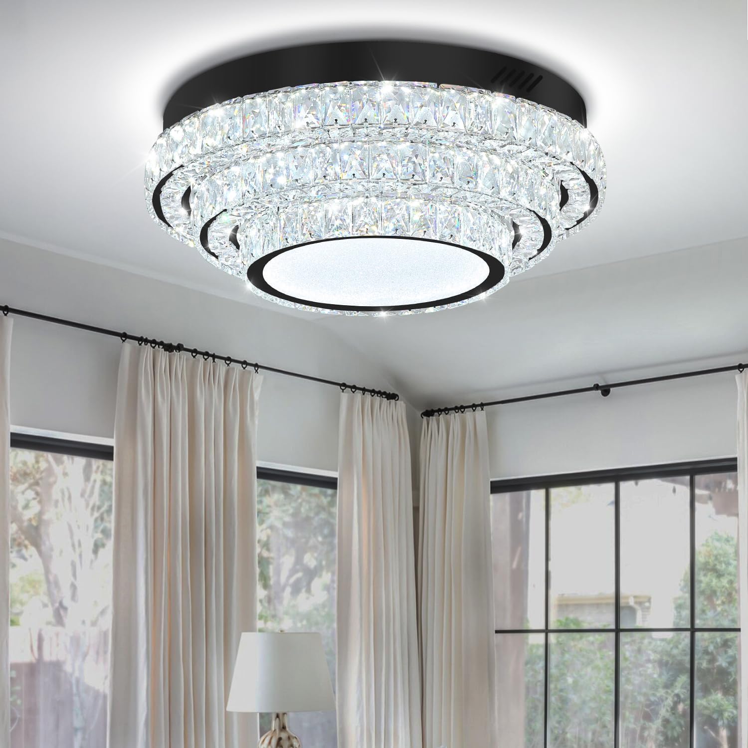 Modern Luxury Black Crystal Flush Mount Ceiling Light 20" 3-Tier Round LED Chandelier Fixture for Living Room Dining Room Bedroom Kitchen Island Hallway Entryway Foyer