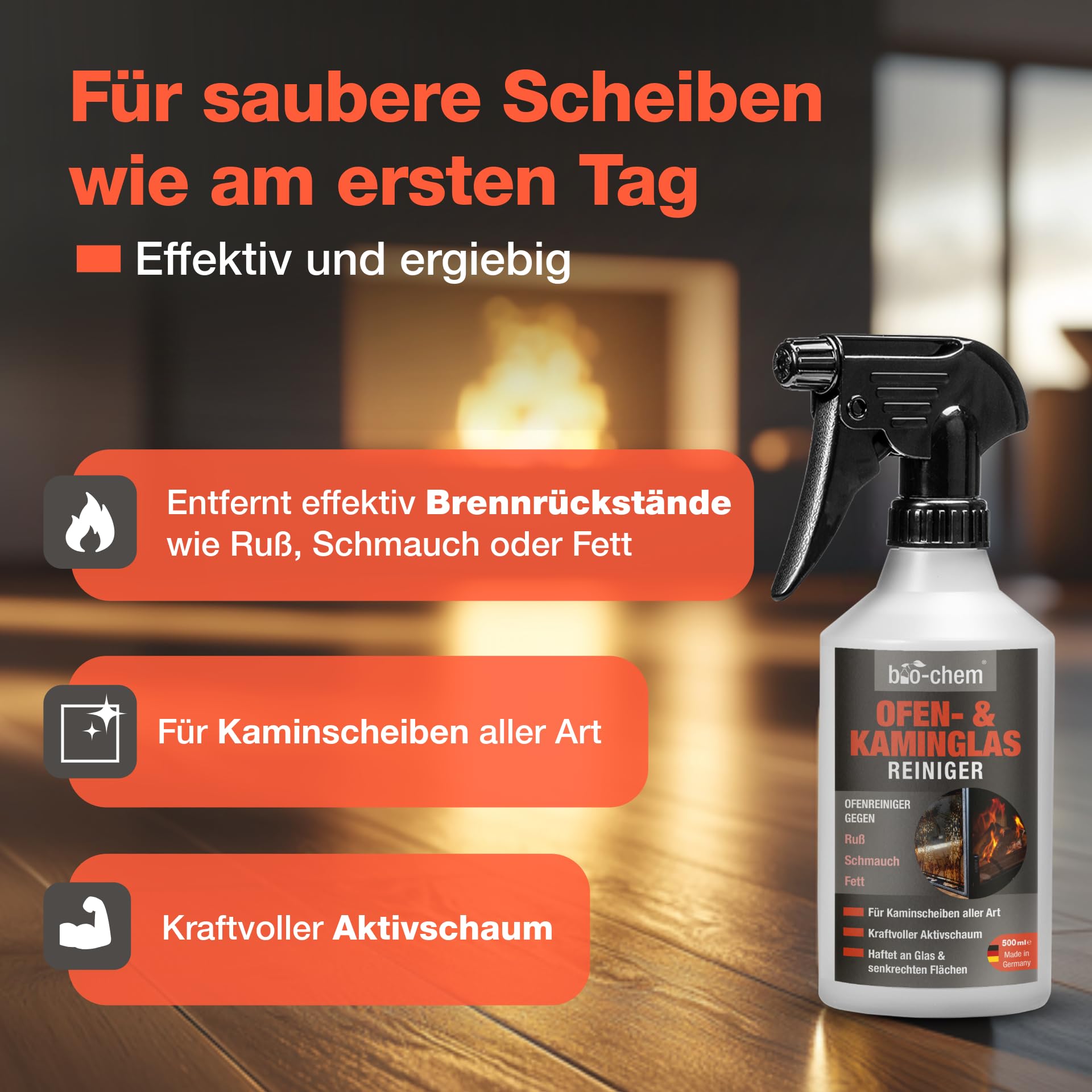 bio-chem Kaminscheibenreiniger Aktivschaum 500ml | Kaminglasreiniger gegen Ruß, Fette, Öle und Rauchharz auf Ofen- und Kaminscheiben