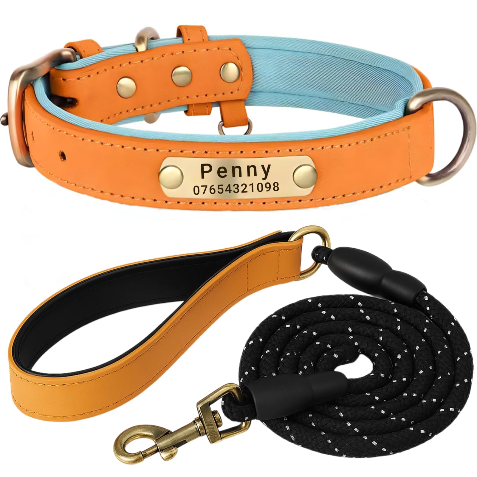 SEOUGEE Genuine Leather Dog Collar Personalised and Leash Set, Soft Padded Leather Dog Collars Heavy Duty with Custom Engraved Name Plate for Small Medium Large Dogs (M, Orange Set 28-37cm) — image 1