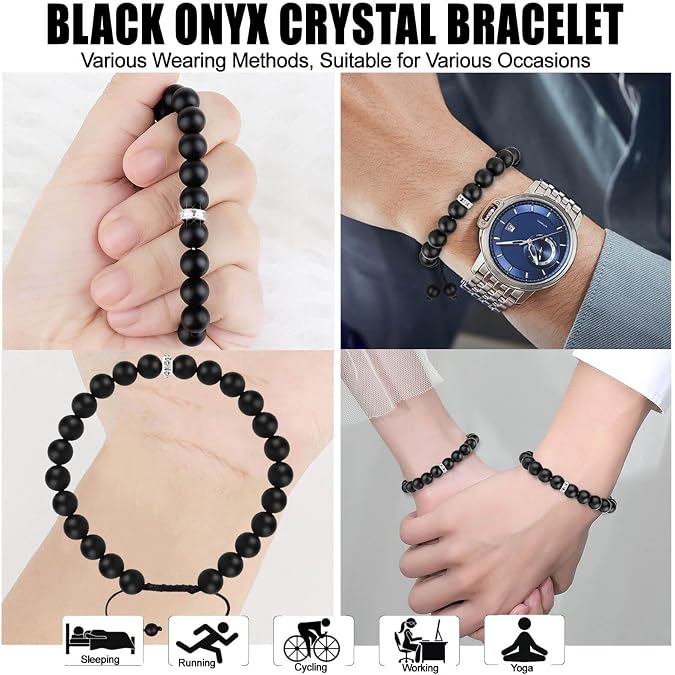 HOZEAL Black Onyx Protection Bracelet, Men Women Crystal Black Agate Bead Bracelet for Courage, Attract Money Wealth Prosperity Handmade Good Luck Energy Quartz Stone Bracelets