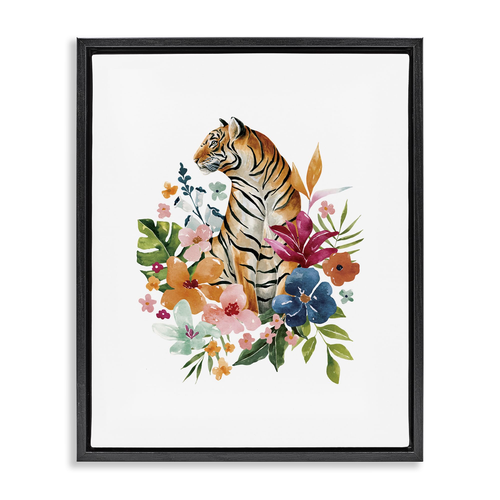 Stupell Industries Jet Black (Matte) Tropical Jungle Tiger Botanical, 16 X 20 Inch Canvas In Floater Frame