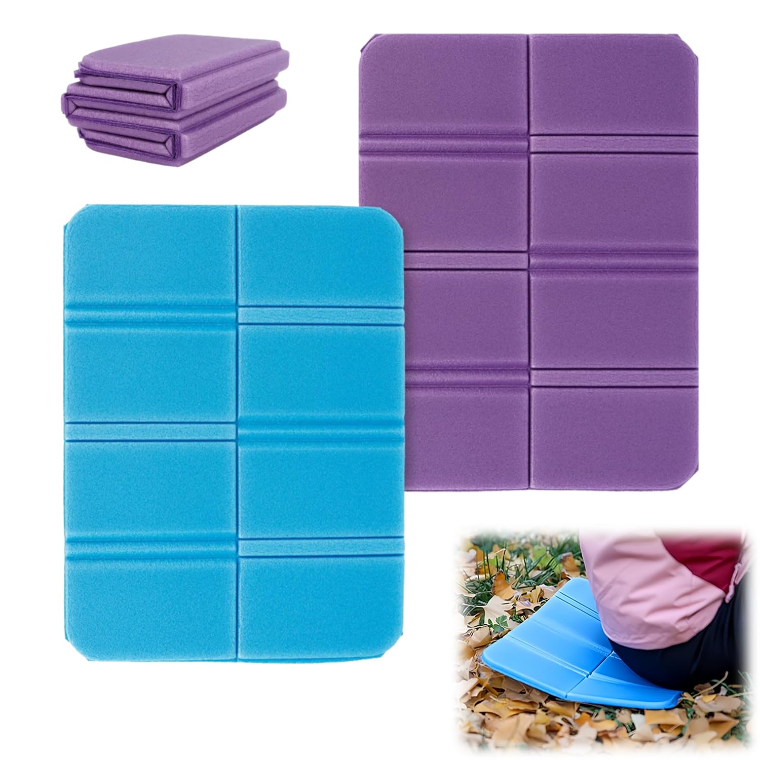 DILUSILK 2PCS Moistureproof Foldable Outdoor Seat Cushion,Portable Waterproof Outdoor Cushion,for Hiking Walking Camping Picnic Park (Purple, Blue)