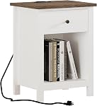 ChooChoo Farmhouse Nightstand with Charging Station, Wooden Top Bedside End Table with Drawer and Storage Space for Bedroom, White