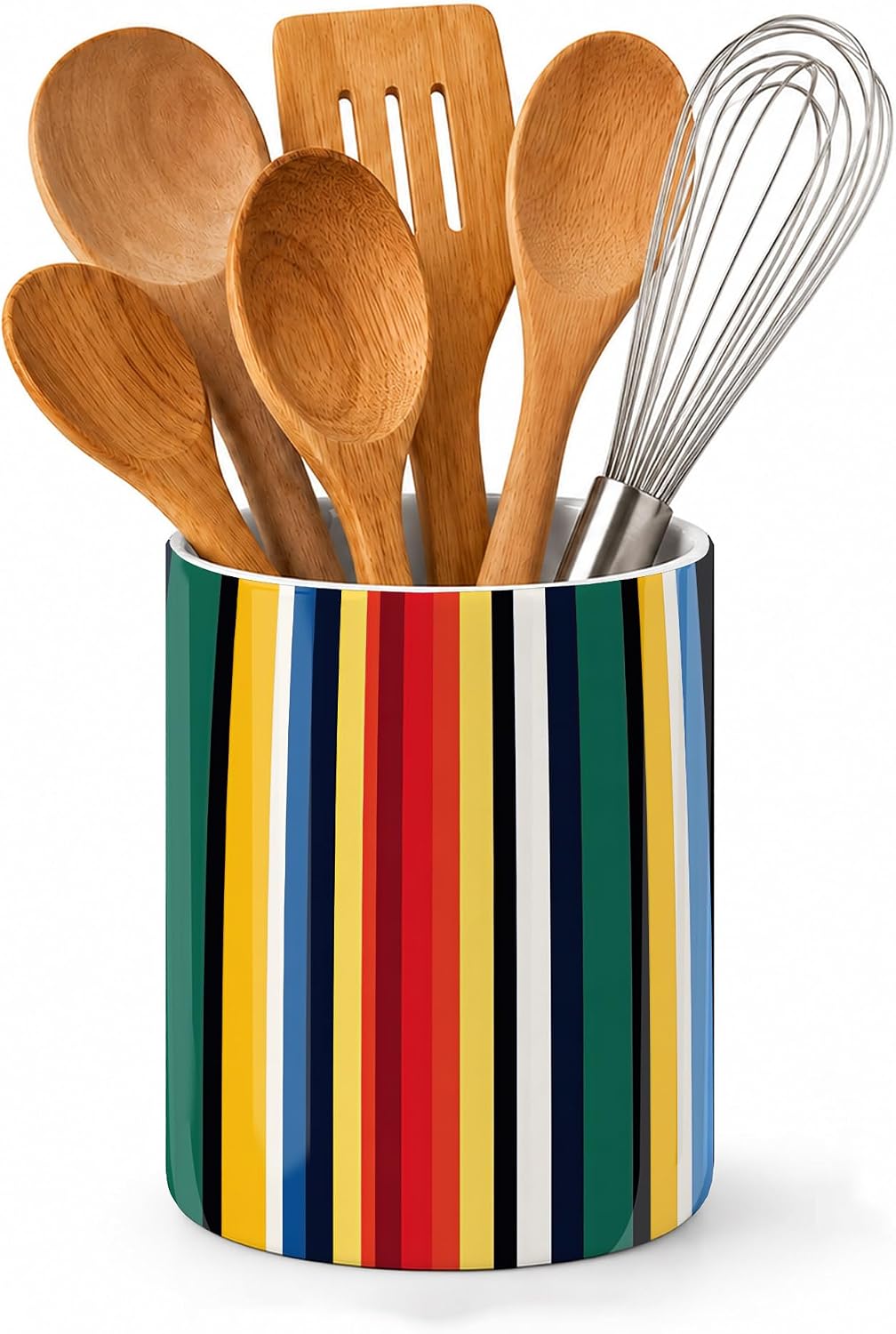 Rainbow Colorful Stripe Mexican Kitchen Utensil Holder,Ethnic Mexican Large Ceramic Utensil Crock Organizer for Spatulas,Spoons and Cooking Tools,Kitchen,Home Decoration 6.3"