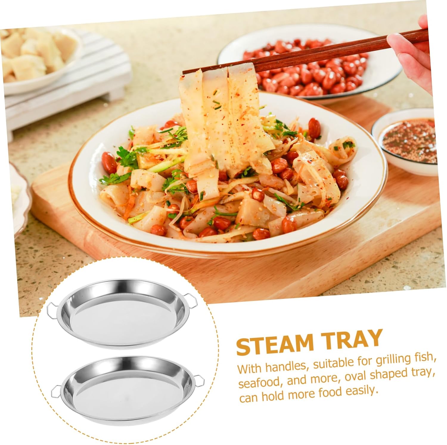 2pcs Oval Stainless Steel Steam Pans with Handles for Seafood