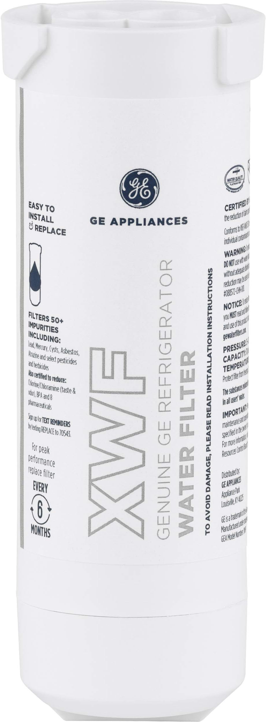 GE XWF Refrigerator Water Filter | Certified to Reduce Lead, Sulfer, and 50+ Other Impurities | Replace Every 6 Months for Best Results | Pack of 1