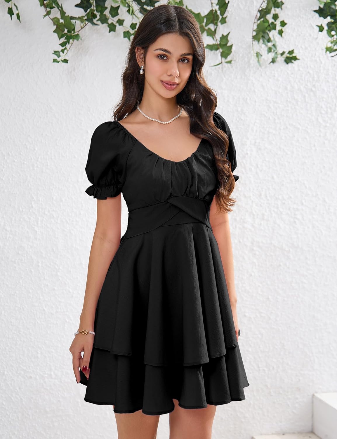 Women‘s Summer Lantern Sleeve A-Line Casual Mini Dresses Double-Layer Sleeves V-Neck Dress - Image 2