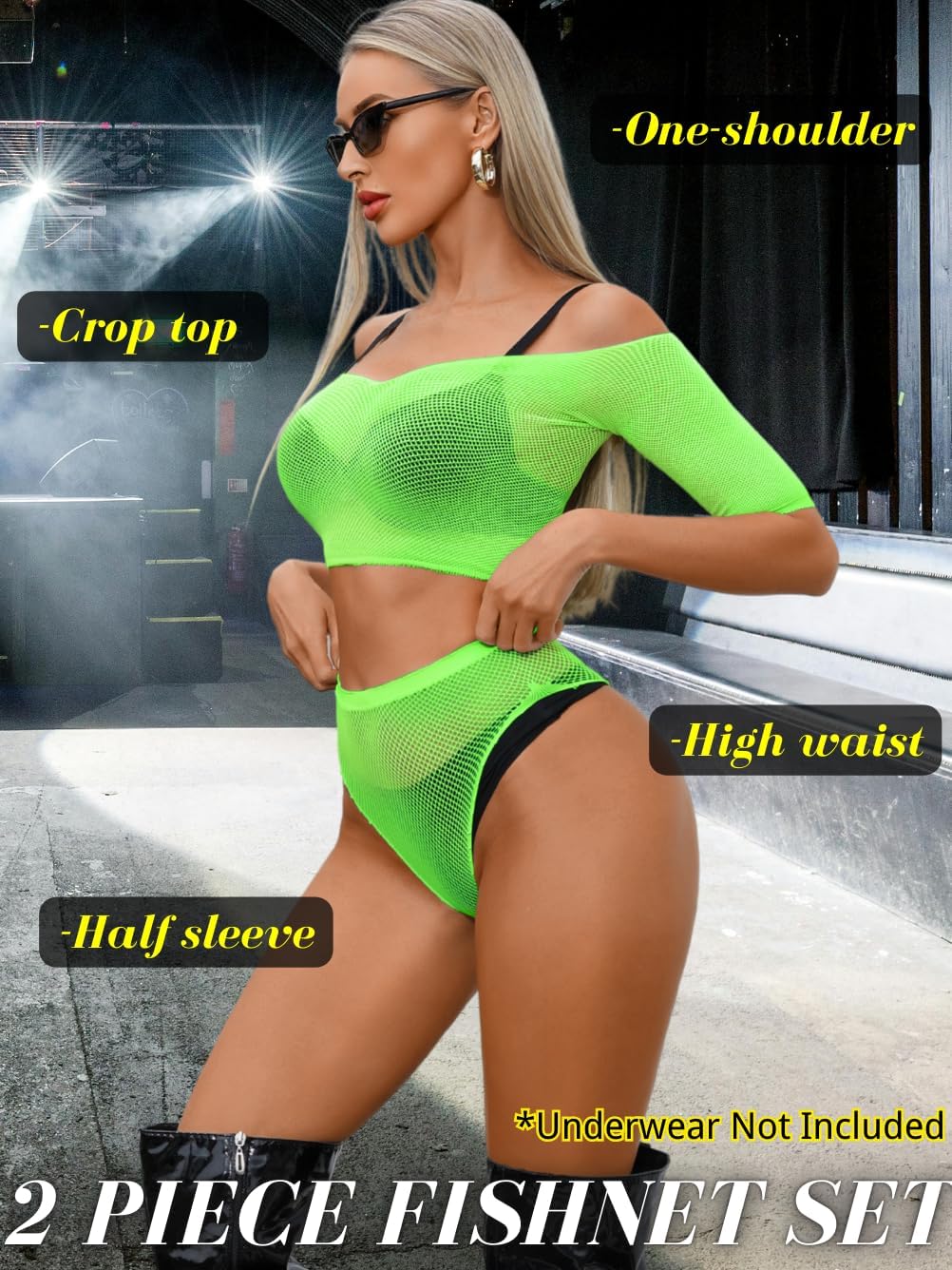 Fishnet Lingerie Set for Women, Sexy Rave Club Dancer Stripper Outfits, Off The Shoulder High Waisted Fits 0-20 - Image 2