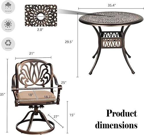 Miniatura 2 de TITIMO Juego de 3 piezas de bistró para exteriores, juego de conversación de aluminio fundido con 2 sillas giratorias de patio y 1 mesa redonda de
