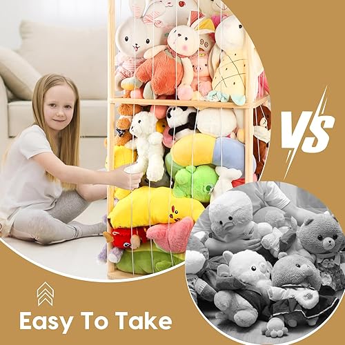 Miniatura 5 de Organizador de juguetes de peluche extra grande de 63 pulgadas para guardar objetos de madera, jaula de animales de peluche para niños, organizador