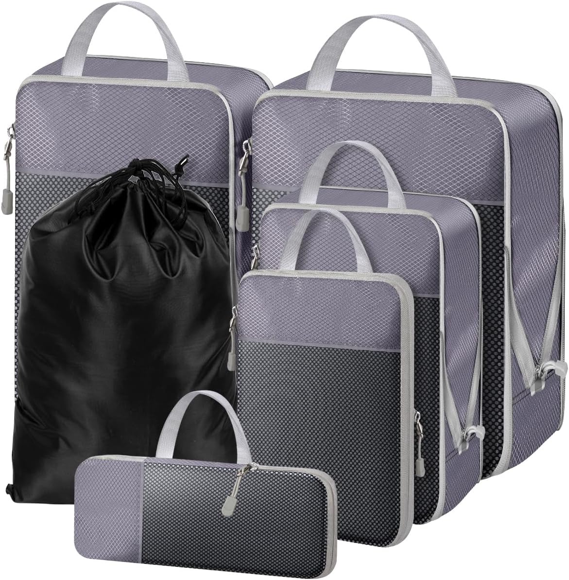 NMNGB Compression Packing Cubes for Carry on Suitcase, 6 Set Travel Luggage Packing Organizer Bag with Mesh, Extensible Luggage Suitcase, Multifunction Organisers, Grey